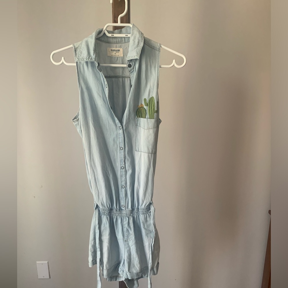 GARAGE | OOAK Sleeveless One Piece Denim Shortalls | w/Hand Embroidered Cacti
